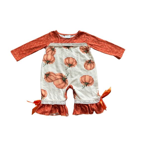 Babies 0-3 Months Long Sleeve Crew Neck Orange and Tan Pumpkin Ruffle Romper - Picture 2 of 14